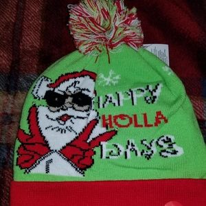 "Happy Holla Days" light up Santa beanie hat NWT